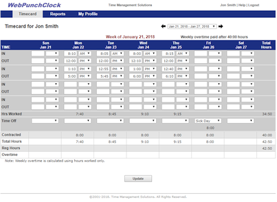 Employee Time Card Screenshot